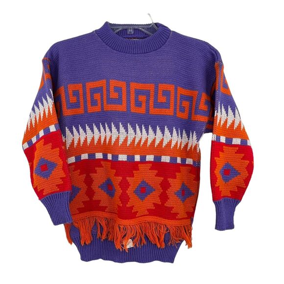 Vintage Deadstock 80s Rags Knitwear Purple Orange Aztec Fringe Sweater Med - Picture 1 of 9